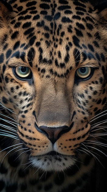 La faccia di un leopardo è mostrata in questa immagine ravvicinata.