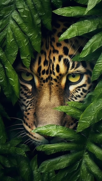 La faccia di un leopardo fa capolino tra le foglie.