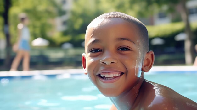 La faccia di un ragazzo afroamericano felice che ride in piscina
