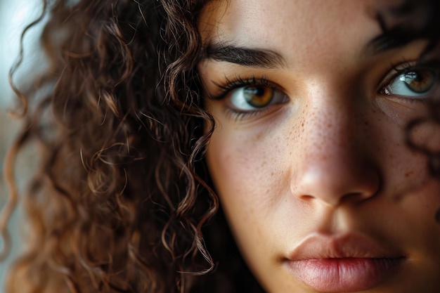 La faccia di una donna dai capelli ricci guarda la telecamera