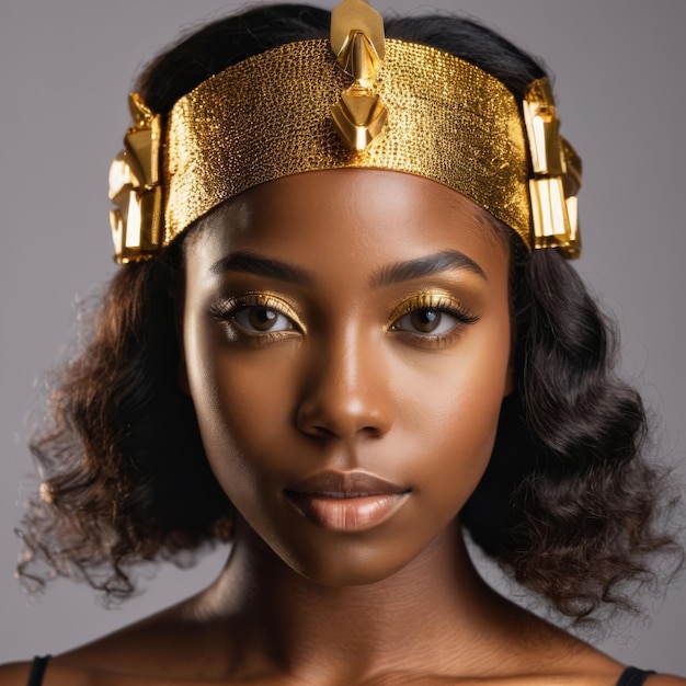 la faccia di una ragazza nera con un modello d'oro