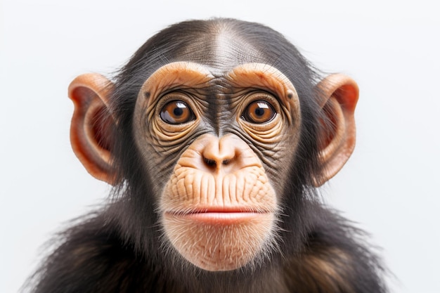 La faccia di una scimmia è mostrata con uno sfondo bianco.