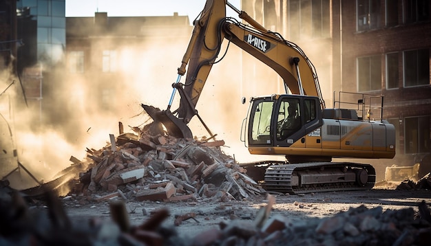 La facciata dell'edificio in fase di demolizione da parte di operai di demolizione di macchinari