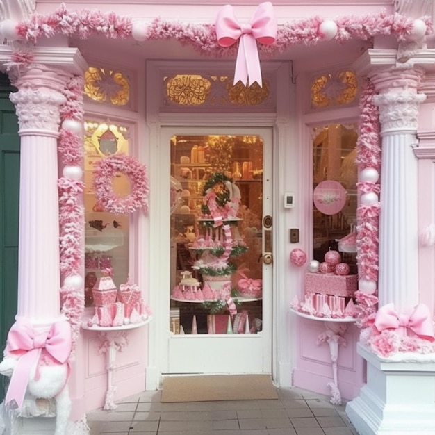 La facciata di un negozio rosa con una porta rosa con su scritto "rosa".