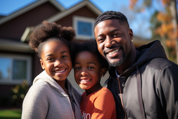 La famiglia afroamericana di fronte alla proprietà della casa appena acquistata sorride orgogliosa