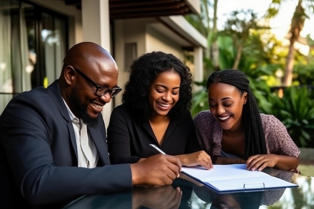 La famiglia afroamericana stipula un contratto di locazione o di acquisto di un immobile Incontro d'affari per l'affitto e l'acquisto di un appartamento Mutuo Alloggi a prezzi accessibili