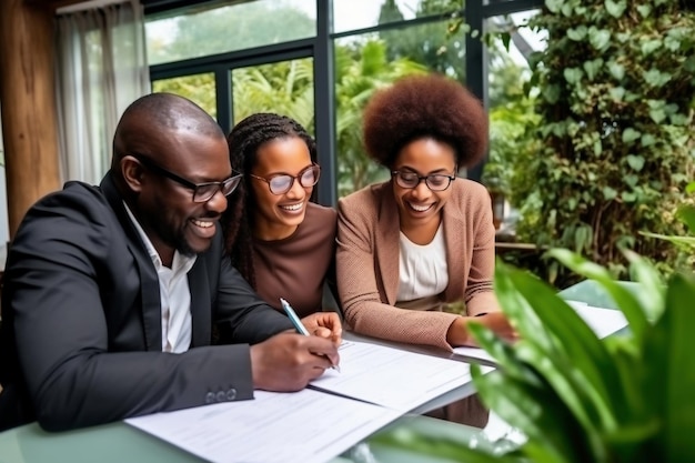 La famiglia afroamericana stipula un contratto di locazione o di acquisto di un immobile Incontro d'affari per l'affitto e l'acquisto di un appartamento Mutuo Alloggi a prezzi accessibili