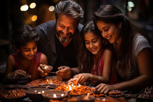 La famiglia celebra Diwali con luci e fuochi generative IA