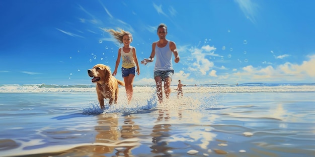 la famiglia con bambini e passeggiate con il cane si rilassa sull'acqua di mare sulla spiaggia di una giornata di sole