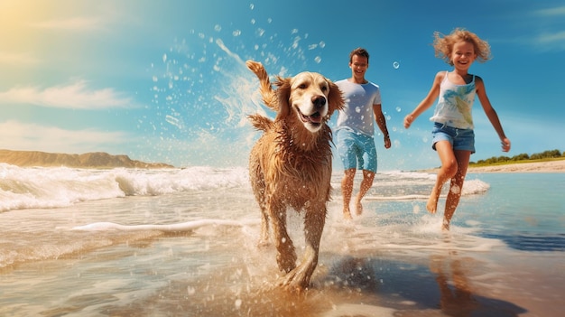 la famiglia con bambini e passeggiate con il cane si rilassa sull'acqua di mare sulla spiaggia di una giornata di sole