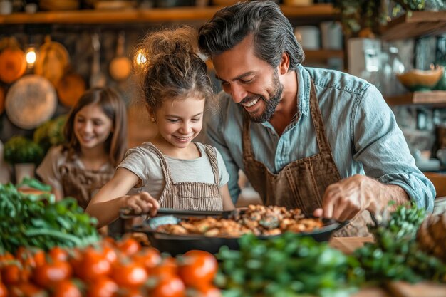 La famiglia cucina gioiosamente piatti tradizionali irlandesi