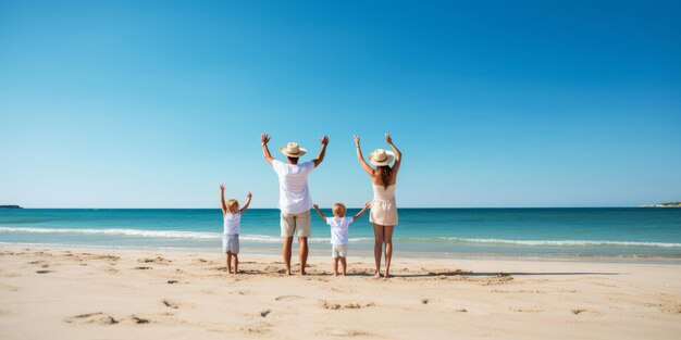 la famiglia felice con due bambini alza le mani sulla spiaggia