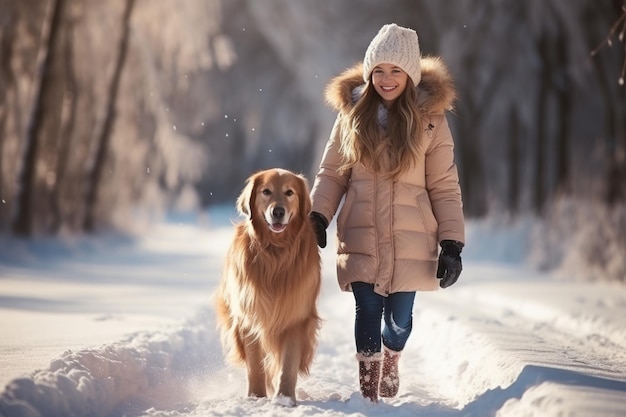 La famiglia felice porta il cane Golden Retriever a fare una passeggiata nella foresta invernale all'aperto Vacanze di Natale attive