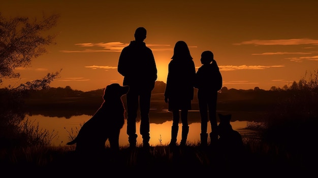 La famiglia felicissima e il loro amico peloso catturano il momento in silhouette