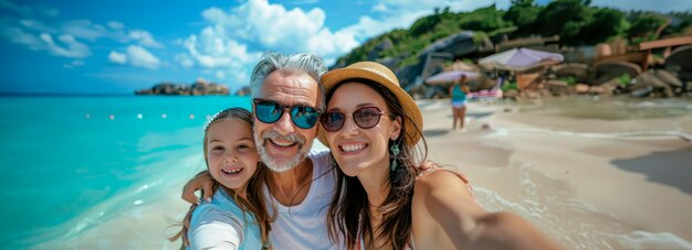 La famiglia gioiosa cattura i preziosi momenti vicino alla spiaggia Tempo di selfie in spiaggia FamilyFun BeachDay MemoriesMade