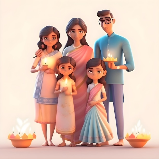 La famiglia indiana celebra l'illustrazione Happy Diwali 3D