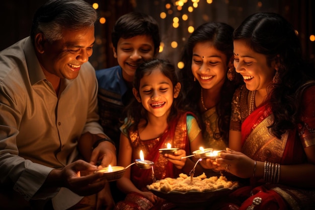 La famiglia indiana fiammeggia diya o lampada a olio e celebra il festival di diwali