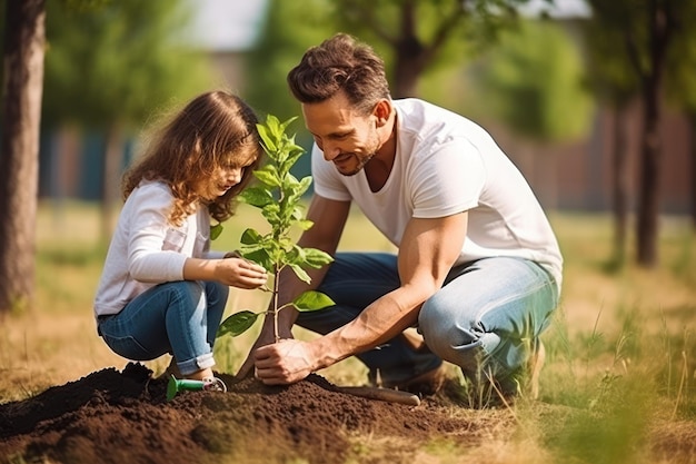 La famiglia pianta un albero in giardino