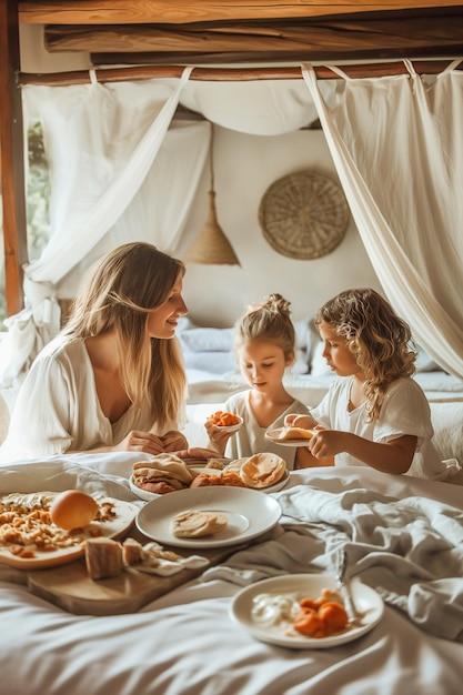 La famiglia prepara la colazione per la mamma