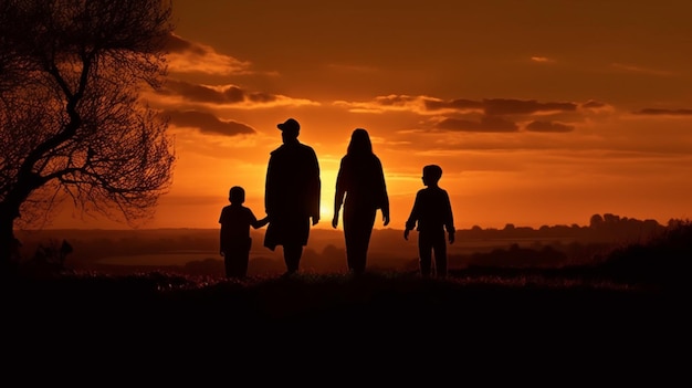 La famiglia profilata trova la felicità che si tiene per mano nel tramonto della campagna