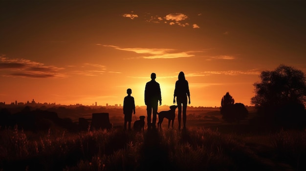 La famiglia proiettata ammira la splendida vista del tramonto in campagna