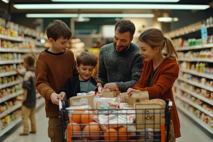 La famiglia si diverte a fare la spesa insieme in un vivace corridoio del supermercato