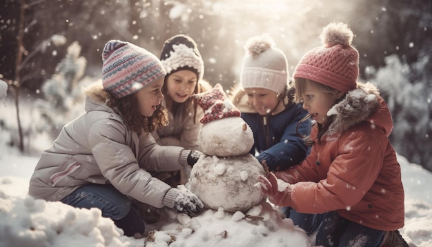 La famiglia sorridente gioca nella foresta innevata generata dall'intelligenza artificiale