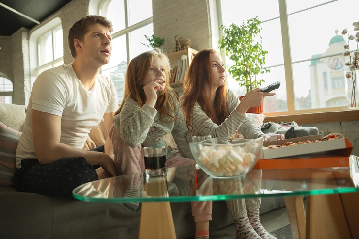 La famiglia trascorre del tempo piacevole insieme a casa, sembra felice ed eccitata, mangia pizza, guarda una partita sportiva