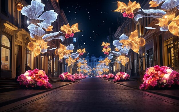 La famosa strada della città illuminata da lanterne decorate con luci festive