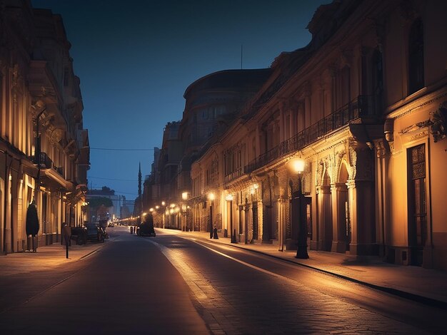 La famosa strada della città illuminata dalle luci della strada al crepuscolo