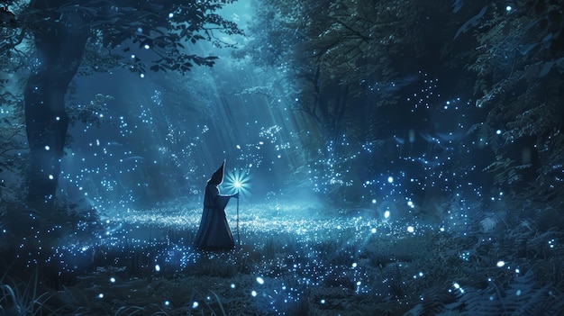 La fanciulla con il bastone nella foresta mistica delle lucciole