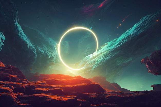 La fantasia dei portali magici si teletrasporta su un pianeta alieno o su una fiaba luoghi di gioco dell'interfaccia utente elementi di design collina rocciosa con un cerchio luminoso nel cielo con illustrazione 3d