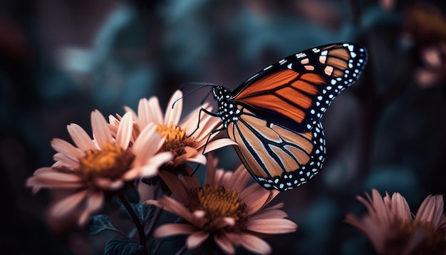 La farfalla monarca impollina la vibrante margherita in estate generata dall'intelligenza artificiale