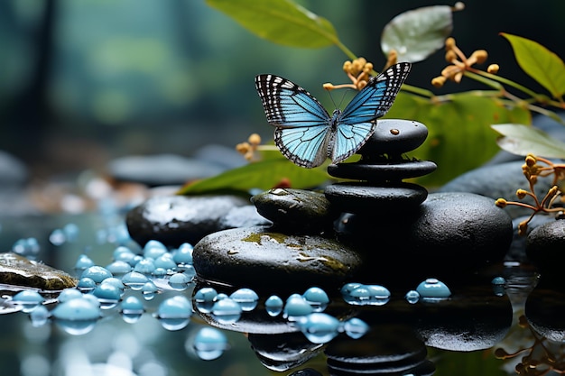 La farfalla serena della scena della stazione termale riposa sulle pietre di massaggio dei giardini zen