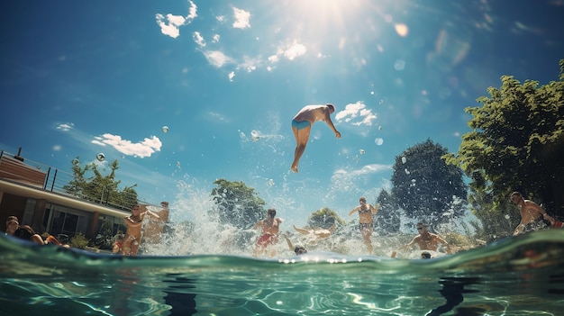 La felicità in piscina Le persone si godono un bagno rinfrescante