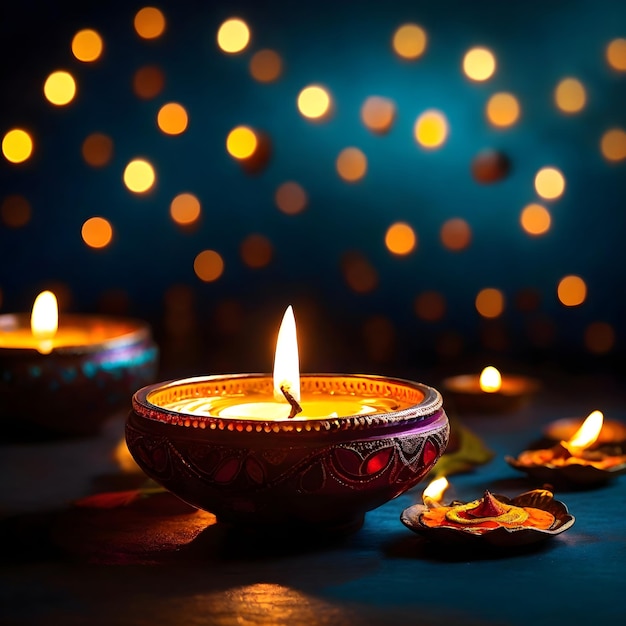 La festa delle luci di Diwali con lampade a olio Diya su uno sfondo buio