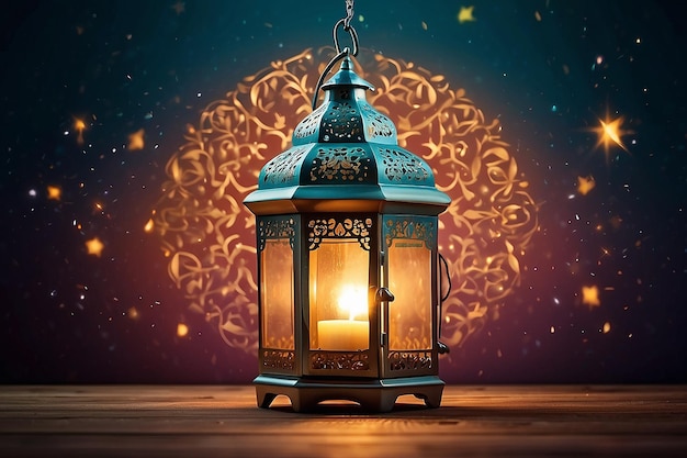 La festa musulmana del mese sacro del Ramadan Kareem Bellissimo sfondo con una lanterna luminosa Fanus Spazio libero per il tuo testo