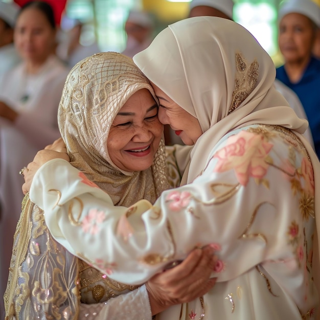 La figlia abbraccia la madre durante la celebrazione dell'Eid in Malesia