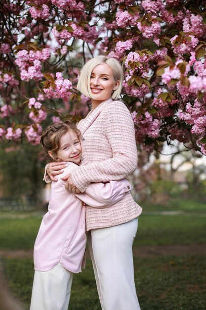 La figlia abbraccia una bellissima madre nel parco vicino al sakura che è fiorito di fiori rosa