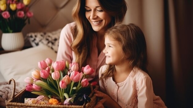 la figlia si congratula con la madre e le regala un cesto con fiori primaverili