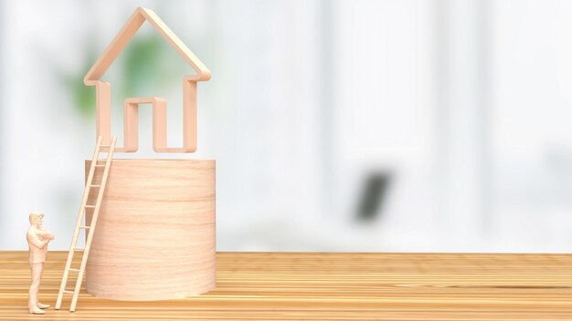La figura dell'uomo di legno e l'icona della casa per il concetto di business immobiliare rendering 3D