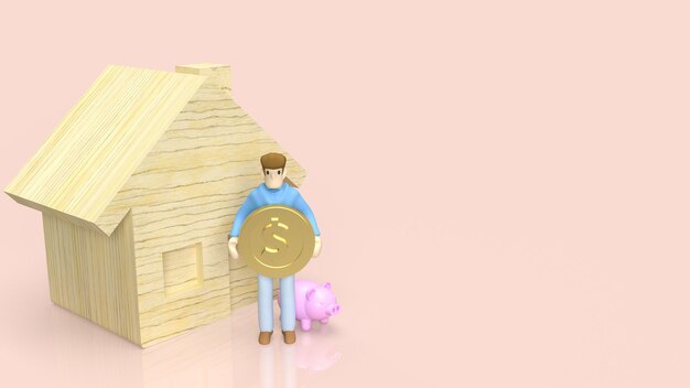 La figura dell'uomo tiene la moneta d'oro e la casa di legno per il rendering 3d di concetto di proprietà o edificio