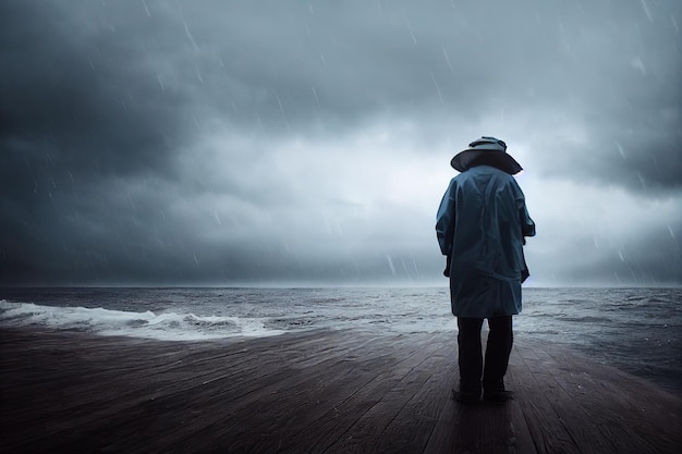 La figura di un uomo con un vecchio cappello da pesca e un impermeabile su un molo in riva al mare un cielo tempestoso