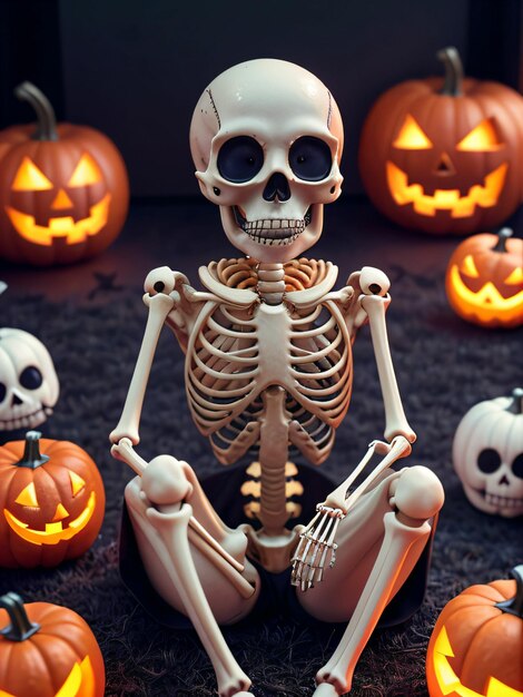 La figura di uno scheletro in una decorazione di Halloween circondata da zucche