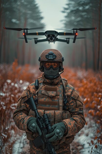 La figura sfocata dell'operatore in mimetica controlla un drone da combattimento