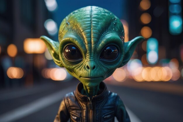 La figurina di Baby Yoda sulla strada della città