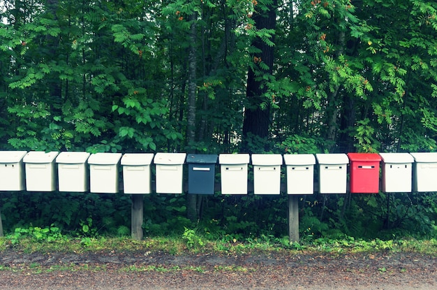 La fila di cassette postali multicolori nel parco