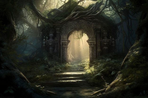 La fine di un tunnel verso una scala mistica oscura in un'illustrazione digitale della foresta fantasy fatata genera ai