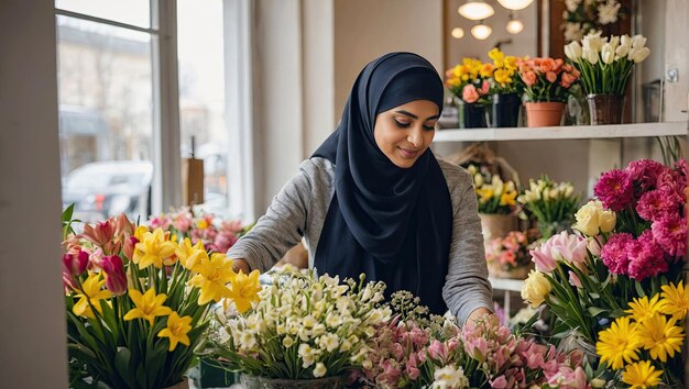 La florista musulmana raccoglie un bouquet di fiori primaverili, fiori tagliati freschi in vasi in fioreria e scaffali per la vendita, consegna per la festa della primavera, 8 marzo, giorno di compleanno della donna.