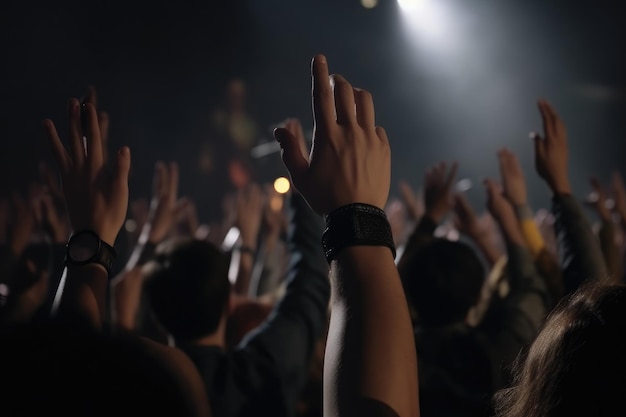 La folla a un concerto davanti al palco con le mani alzate Vista posteriore del primo piano della gente alzando le mani AI Generato